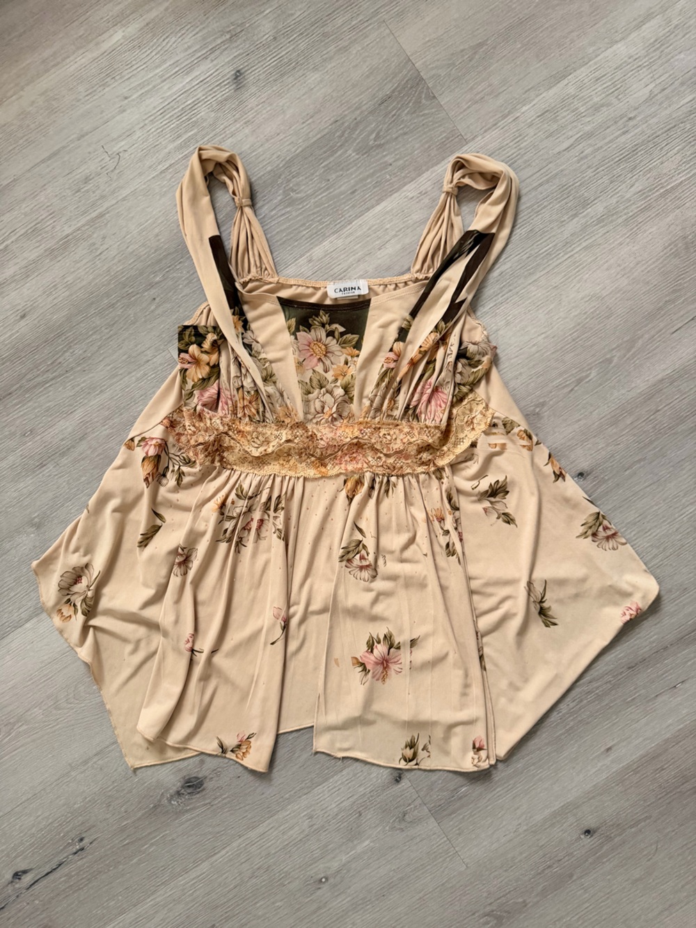 Cream Floral Lace-Trim Long Cami Shirt